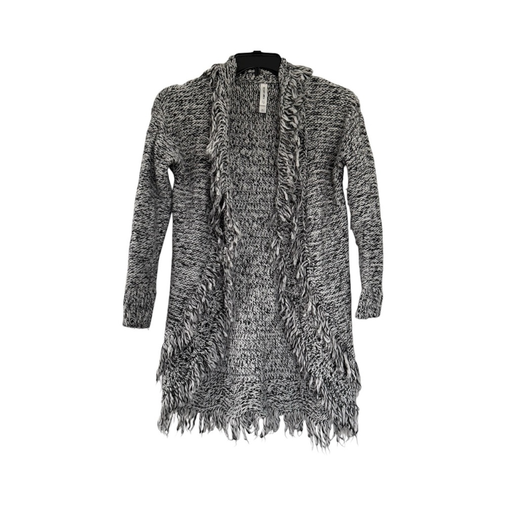 Bethany Mota Black & White Fringe Knit Long Women's Open Cardigan Sweater